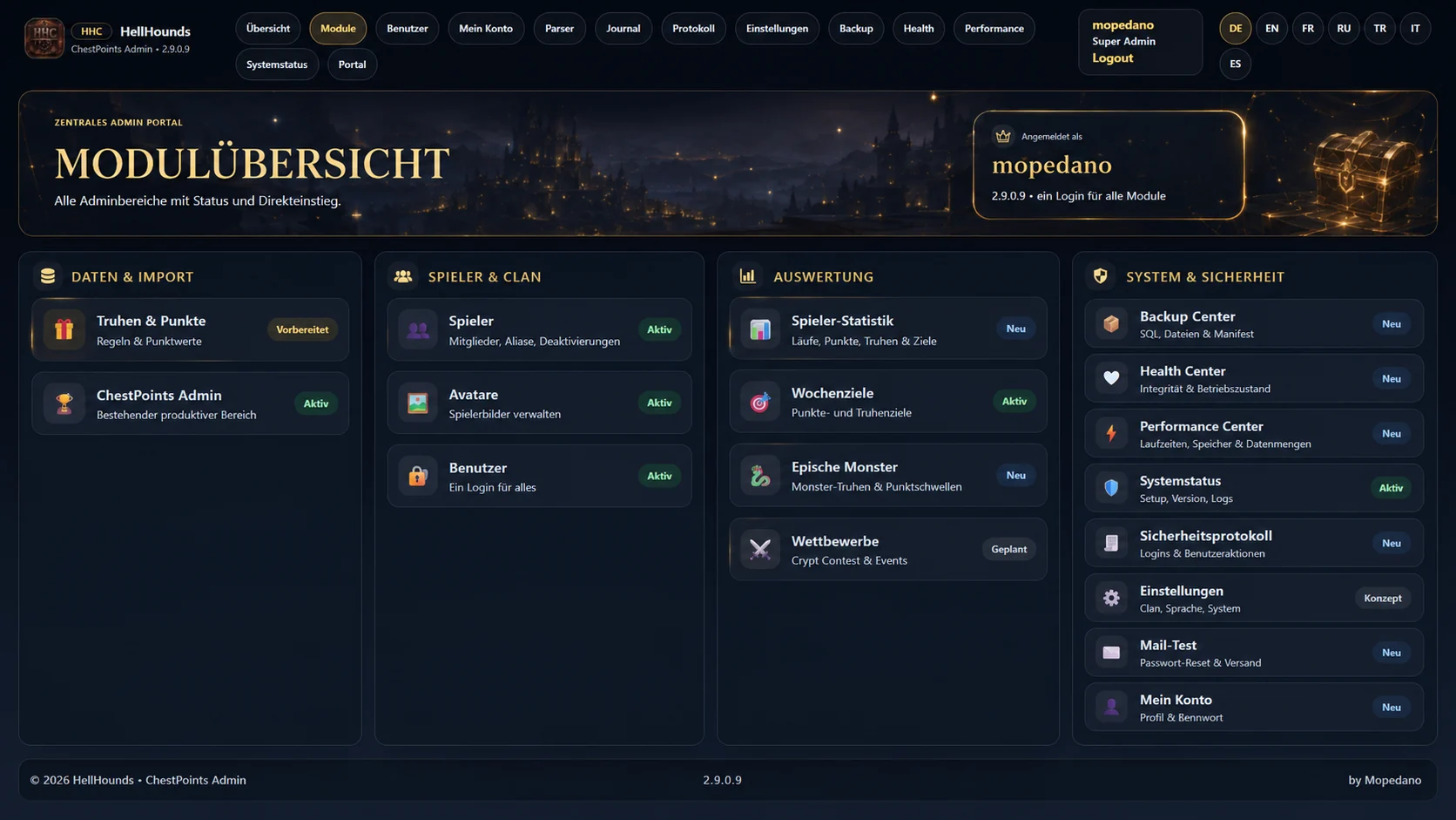 HellHounds ChestPoints module overview with grouped administration areas
