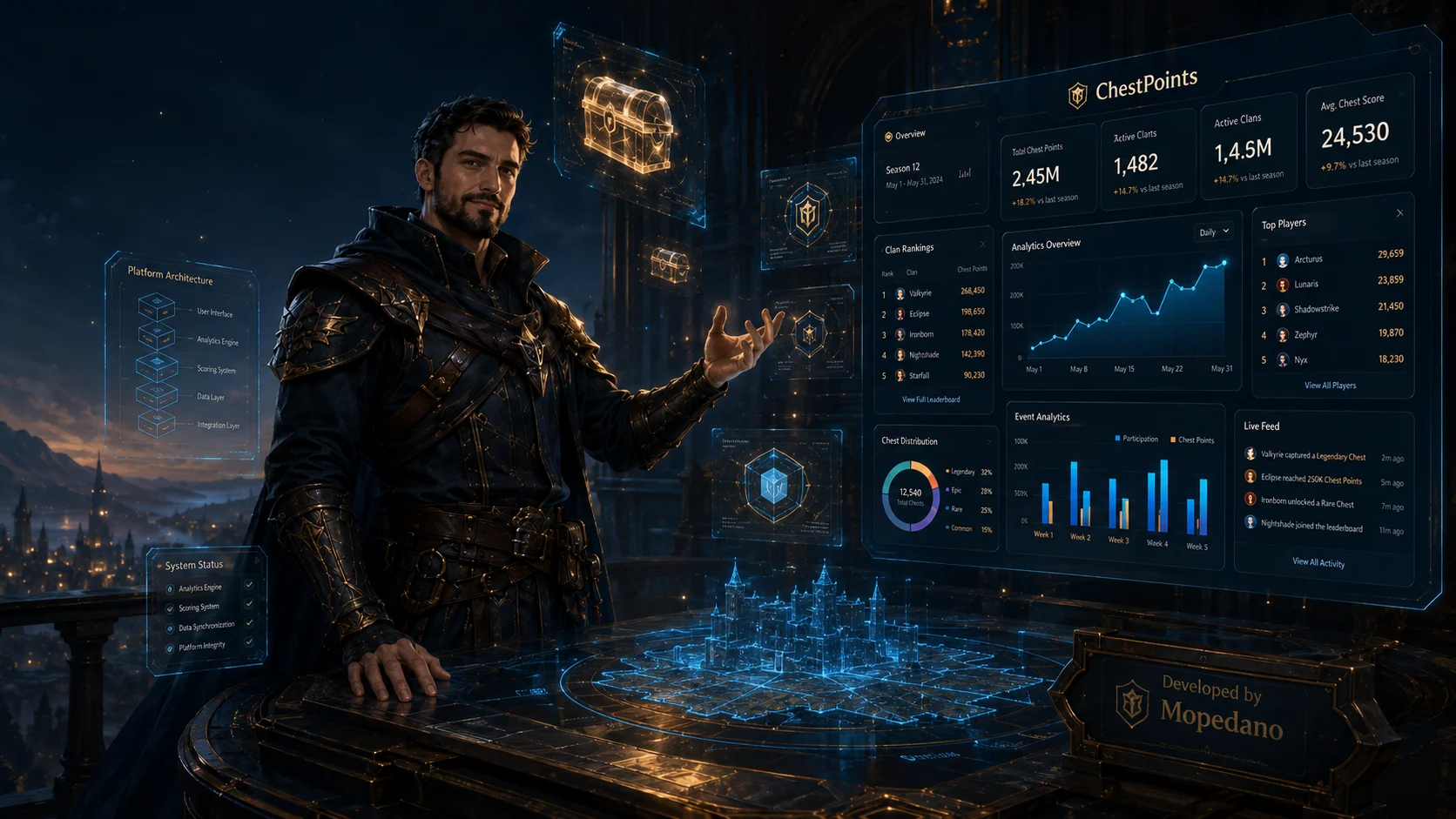 Mopedano in a fantasy technology command room with ChestPoints dashboards